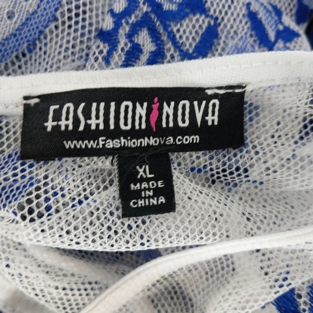 Fashion Nova Sheer Cold Shoulder Blue And White Floral Lace Romantic Top - Picture 10 of 10